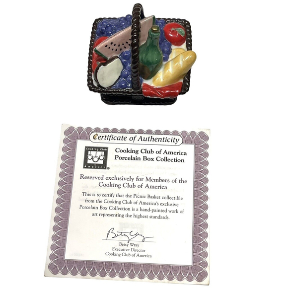 Cooking Club Of America Porcelain Picnic Basket Trinket Box with Cupcake & COA - Picture 12 of 15